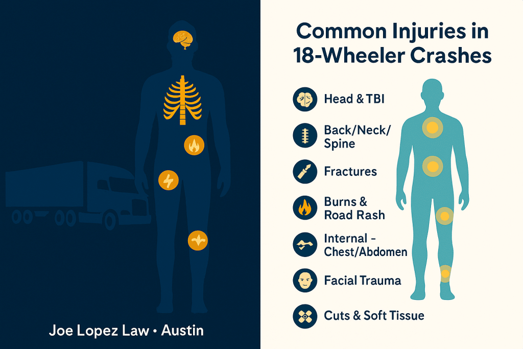 Infographic titled 'Common Injuries in 18-Wheeler Crashes.' On the left, a dark blue silhouette of a human body with icons marking areas of common injuries: head/brain, ribs, abdomen, leg, and knee. A semi-truck graphic is in the background with the text 'Joe Lopez Law • Austin.' On the right, the infographic lists injury categories with matching icons: Head & TBI, Back/Neck/Spine, Fractures, Burns & Road Rash, Internal – Chest/Abdomen, Facial Trauma, and Cuts & Soft Tissue. A light blue silhouette highlights injury zones on the body.